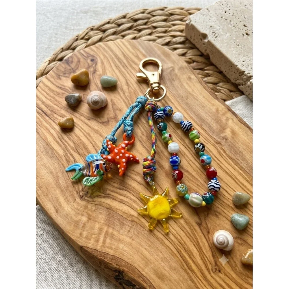 Ocean-Themed Beaded Bag Charm & Keychain - Fish, Starfish & Sun Purse Charm
